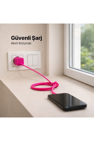 Ttec Smartcharger Gan 45W Avs PD Seyahat Hızlı Şarj Aleti + USB-C - USB-C 3A 120 CM Kablo Neon Pembe