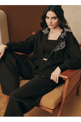 Afri Lüks İnci Detaylı Taş Dizimli Kapüşonlu Siyah Eşofman Takımı Fermuarlı Sweatshirt & Pantolon Takım Siyah