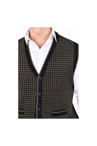 Kamalı Siyah Erkek Çelik Örgü Düğmeli Cepli Kazayağı Desen Tüylenmeyen Triko Kışlık Kazak Yelek Siyah