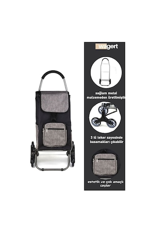Sessiz 3 Tekerlekli Pazar Arabası Su Geçirmez, Fermuarlı Çantalı Siyah