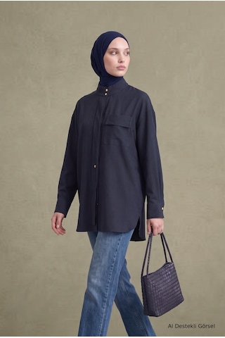Avenna Dik Yaka Uzun Form Cep Detaylı Tunik 81 Cm Boy Lacivert 26kt434