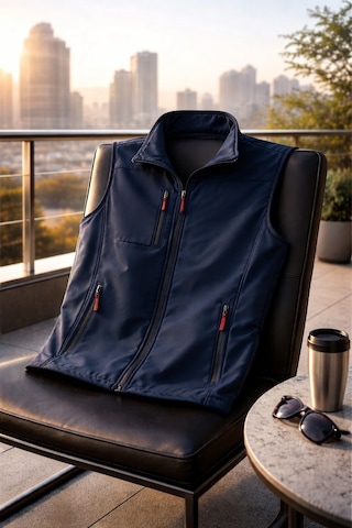 Vatan Tekstil Dik Yaka Slim Fit 3 Cepli Softshell Erkek Yelek Su İtici Kumaş Lacivert