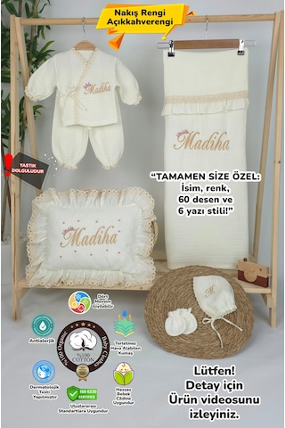 Gros Shop Müslin Yeni Doğan 4katlı Organik %100pamuk Kişiye Özgü Nakışlı Hastane Çıkış Seti Papatya Model-10 Ekru