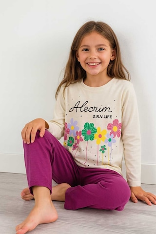 Çocuk Pijama Takımı %100 Pamuk Çiçek Desenli Krem