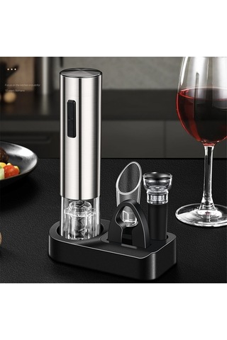 Moly 4'ü 1 Arada Elektrikli Şarap Açma Seti, Gümüş, Şarap Havalandırıcı Ve Vakum Tıpa Gümüş