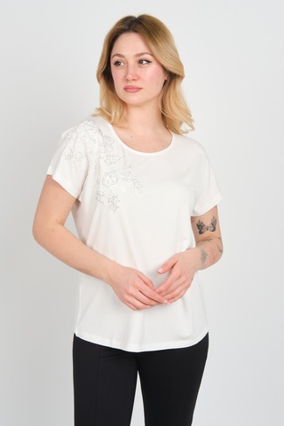 Ella Camelia Kadın Taşlı Ve Desenli Düşük Kol Bluz 24e044 Ekru Ekru