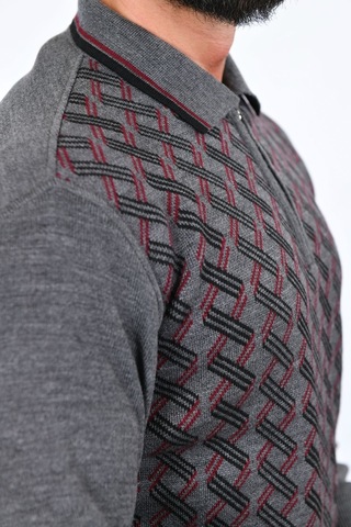 Kamalı Erkek Çelik Örgü Gömlek Yaka Fermuarlı Polo Yakalı Çizgili Desen Tüylenmeyen Triko Kışlık Baba Kazak Gri