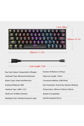 Mekanik Klavye Kablolu Oyun Aydınlatmalı Klavye Renkli Arka Aydınlatmalı Özel 63 Tuşlu Ofis Klavyesi