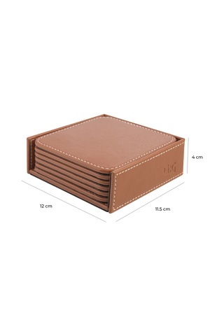 Bardak Altlığı,6 Lı Set,masaüstü Kare Cup Coaster,vegan Suni Deri,11x11 Cm.,taba