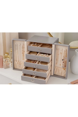 Dışı Deri İçi Kadife 5 Çekmeceli Takı Bijuteri Mücevher Kutusu Organizer Düzenleyici Gri İthal Ürün Gri