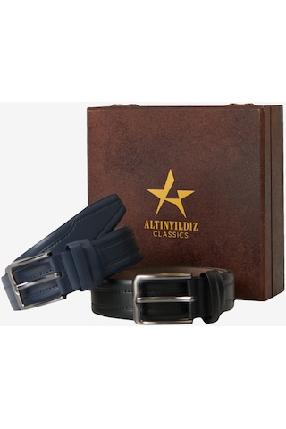 AC&Co / Altınyıldız Classics Erkek Siyah-lacivert Özel Ahşap Kutulu 2'li Casual Kemer Set Damat Bohçası Lacivert - Siyah