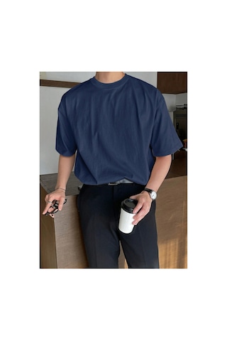 Tarz Cool Erkek Bisiklet Yaka %100 Pamuk T-shirt Lacivert