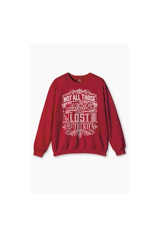 Bisiklet Yaka Sweatshirt Not All Those Who Wander Are Lost Lord Of The Rings Baskılı Unisex Sweat Kırmızı