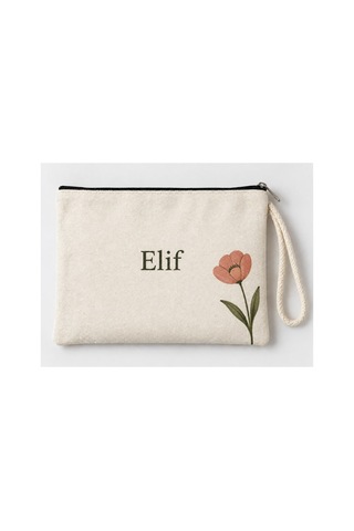 Kişiye Özel Lale Köşe Baskılı Fermuarlı Makyaj Çantası Bozuk Para Cüzdanı Clutch Model 01280