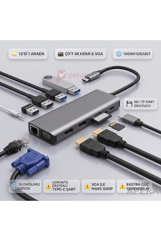 Type-c 12 İn 1 Çoklayıcı Hub Çift 4k Hdmı Vga Gigabit Lan Usb 3.0 Görüntü Destekli Cihazlarla Uyumlu Çoklu Ekran Ve Veri Adaptörü Cr92