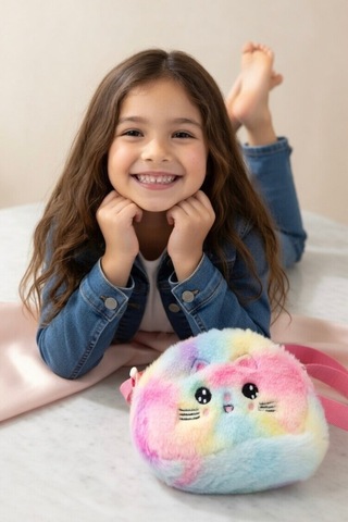 Mollycrush Hediye Kız Çocuk Kedi Figürlü Peluş Omuz Çantası Ayarlanabilir Askılı Trend Tasarım Çok Renkli