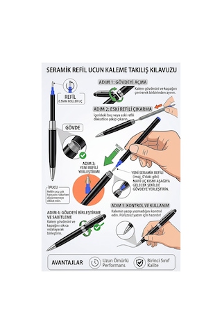 Mavi Pilot Kalem Yedeği Seramik Refil Yedek 3 Adet Jel Pilot Roller Kalem Yedek Uç