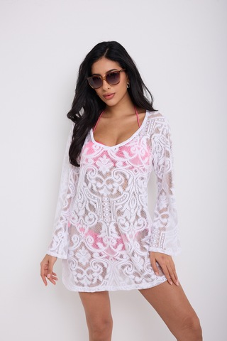 Kolları Volanlı Elbise Beyaz