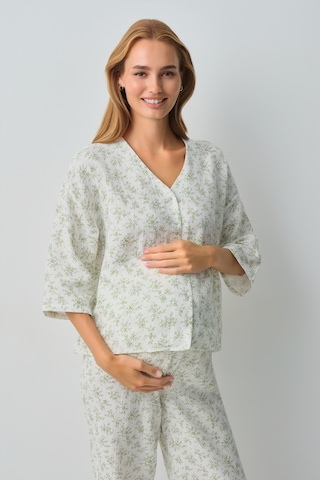 Suwen Cindy Pamuklu Hamile Lohusa Gömlek Yaka Pijama Takımı Wsh10510183338 Ekru Desenli