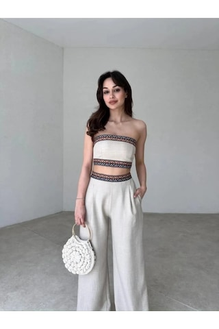 Aztek Motifli Şerit Korse Crop Cepli Lastikli Palazzo Pantolon Modern Etnik Yazlık Boho Keten Takım Bej
