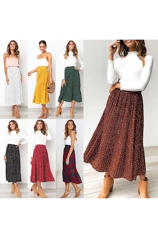 Kadın Yarım Vücut Etek Moda Puantiyeli Cepli Pileli Rüzgar Eteği Uzun Etek Sarı