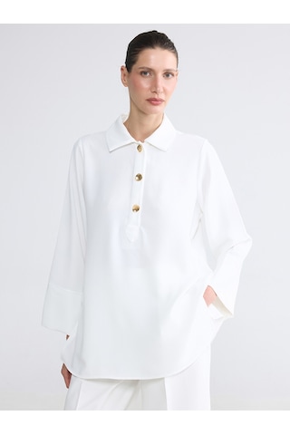 Lcw Everyday Beyaz Polo Yaka Oversize Armürlü Kadın Tunik