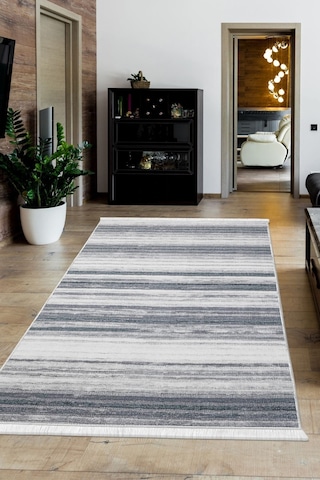 Dijidekor 9026 Gri Saçaklı Dijital Halı Kaymaz Yıkanabilir Yolluk 9026-sacaklı