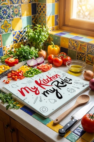 Makri Home My Kitchen My Rules Yazılı Desenli Cam Kesme Tahtası Temperli Cam, 25 35 Cm Çok Renkli