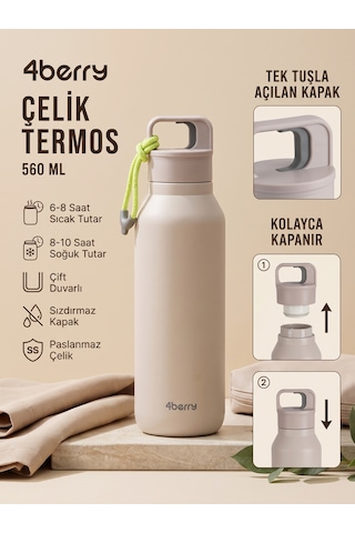 Çelik Termos 560 Ml Paslanmaz Çelik Çift Duvarlı Sızdırmaz Kapaklı Askılı Taşınabilir Sıcak Soğuk Termos - Bej