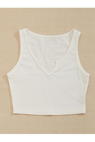 Liona V Yaka Beyaz Renk Fitilli Crop Top Bluz