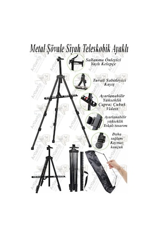 Metal Şövale 1 Adet Siyah Teleskopik Ayaklı Çantalı Resim Şövale Portatif Ayarlanabilir Tripod Üç Ayaklı Alümünyum