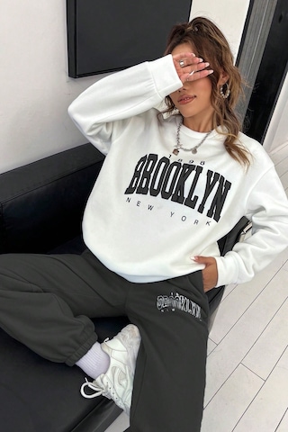 Modagen Kadın Antrasit Beyaz Brooklyn Baskı Oversize Bisiklet Yaka Alt Üst Eşofman Takımı Antrasit-beyaz