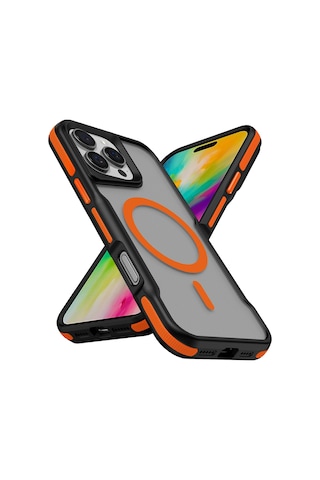 İphone 16 Pro Max Uyumlu Magsafe Şarj Özellikli Renkli Kenar Airbag Şeritli Lamer Kapak-turuncu