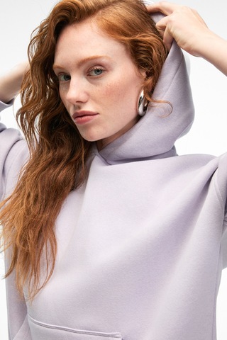 Grımelange Clarıe Kadın Organik Pamuklu Oversize Kanguru Cepli Kapüşonlu Lila Sweatshirt Lila