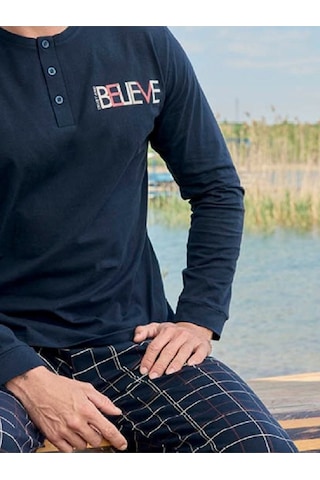 Aydoğan Erkek Pamuklu Penye Süprem Uzun Kollu Pijama Takımı Yeni Sezon Koyu Lacivert