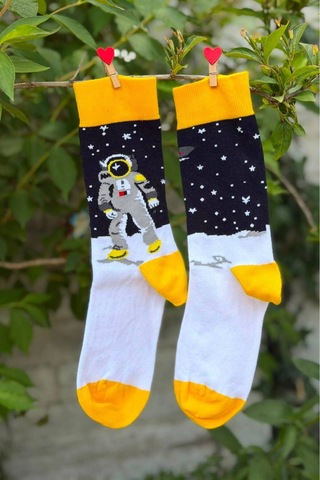 Lousocks Unisex Sağlı Sollu Astronot Temalı Soket Çorap Siyah