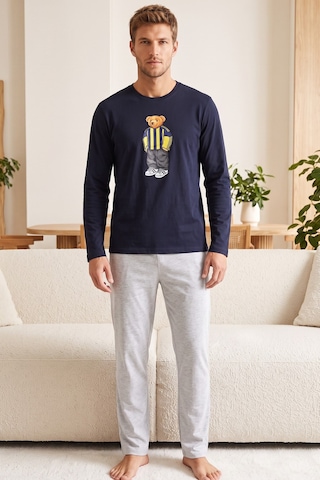 Siyah İnci Baskılı Pamuklu Örme Uzun Kollu Pijama Takım 8076 Lacivert