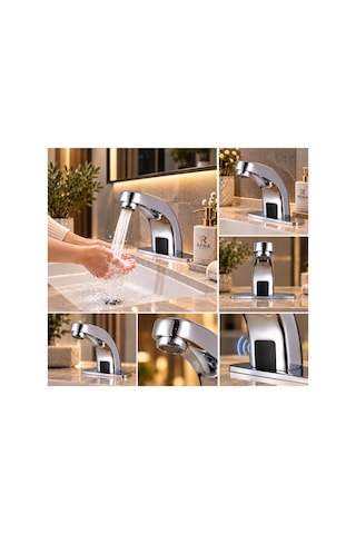 Rena Design Fotoselli Sensörlü Krom Lavabo Bataryasi Temassiz Otomatik Tasarruflu Modern Musluk Kuğu