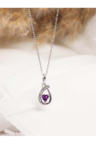 Brezza Lusso Jewelry Ametist Taşlı Minik Kalp Kadın Gümüş Kolye 45 CM