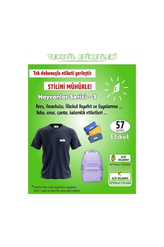 Hayvanlar Serisi - 3 Kreş Anaokulu İlkokul Kıyafet Eşya Yaka Ense İsim Etiketi 57 Adet Karışık