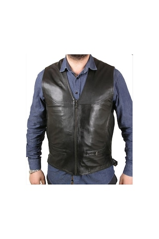 Hakiki Deri Siyah Calvin Fermuarlı Erkek Deri Yelek Siyah