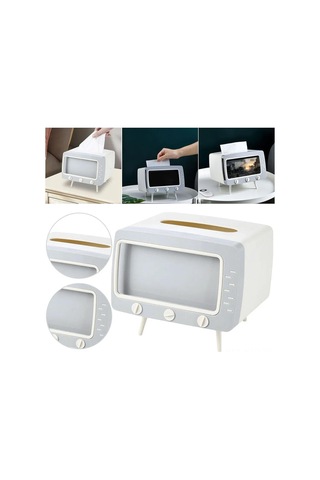 Yuntech01 Retro Tv Desenli Çift Fonksiyonlu Peçete Tutucu İle Telefon Tutucu - Ev Ve Ofis İçin Pratik Dekor Aksesuarı Beyaz