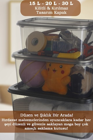 3'lü 15-20-30 L Çok Amaçlı Saklama Kabı Seti - Kilitli Kapak Banyo Mutfak Düzenleyici Saklama Kutusu Siyah