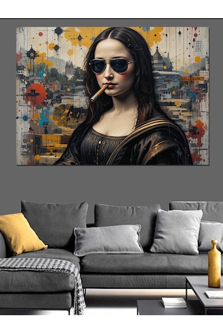 Siyah Gözlüklü Mona Lisa Dekoratif Kanvas - Mdf Ahşap Tablo