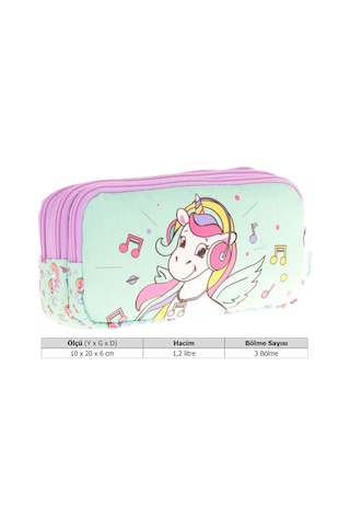 Kaukko Kids Üç Bölmeli Su Yeşili, Unicorn Temalı, Kız Çocuk Okul Kalemliği - L8234 Su Yeşili