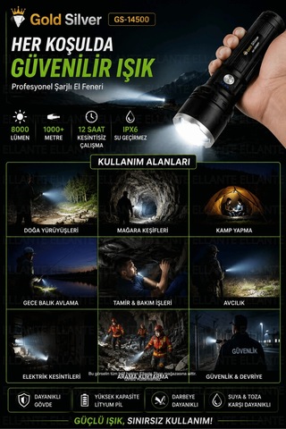 Şarjlı El Feneri 8000 Lümen Uzun Menzil Li-ion Bataryalı Su Geçirmez Taşıma Çantalı Profesyonel Led Çok Renkli