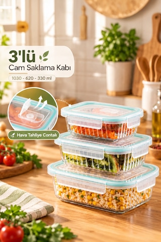 Porsima Sd-12-fgy Kilitli Sızdırmaz Kapaklı Hava Tahliye Contalı Çok Amaçlı 3 Lü Cam Erzak Yiyecek Saklama Kabı Seti - 1030-620-330ml Şeffaf