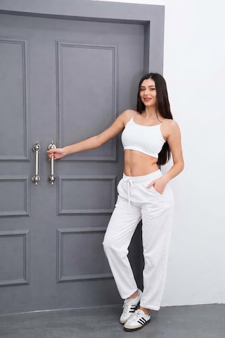 Dı Lorıa Kadın %100 Pamuk Yüksek Bel Lastikli Rahat Kesim Günlük Pantolon Beyaz