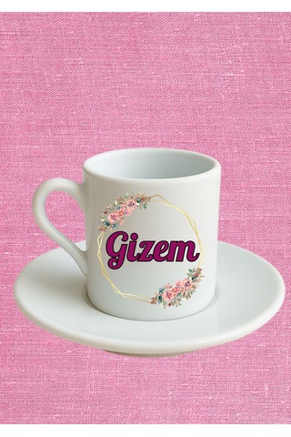 Baskıbazar Gizem İsim Yazılı Türk Kahvesi Fincanı - Beyaz Tasarım Hediye Seti