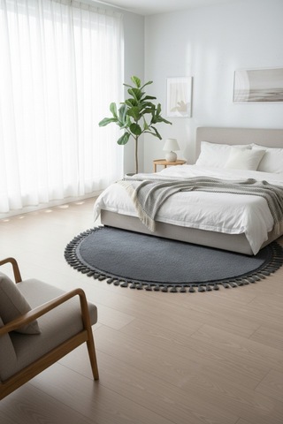 Comfort Yuvarlak Ponpon Saçaklı Peluş Halı Yatak Odası- Çocuk Odası- Antre- Yemek Odası Kaymaz Taban Antrasit